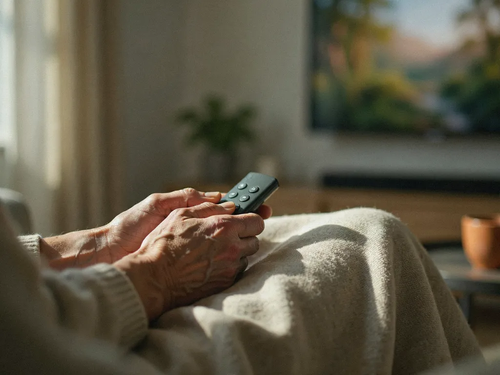 Older hands resting on a soft blanket, holding a simple few-button remote, with a screen glowing quietly in the background.