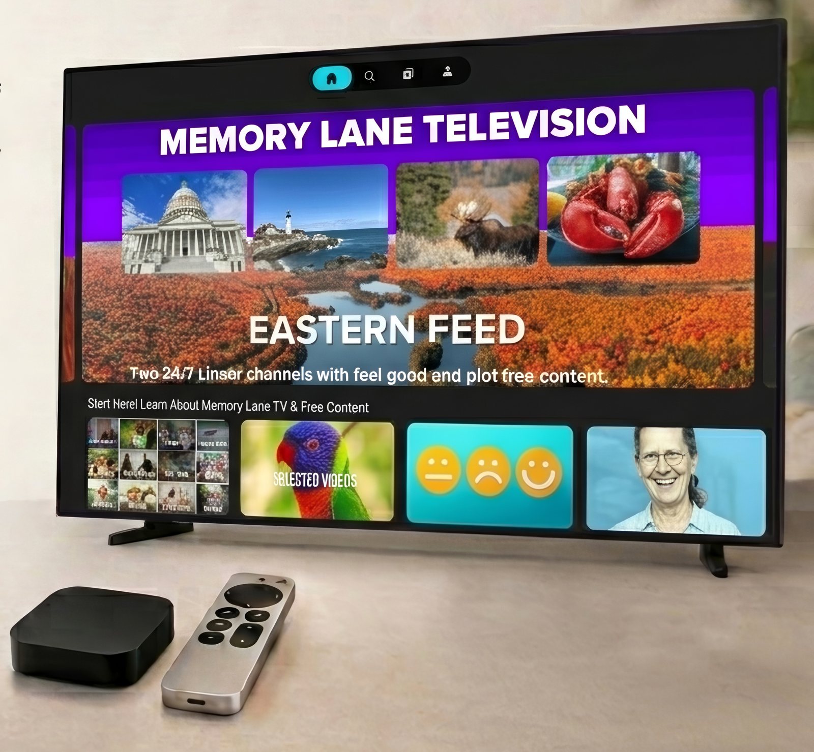 A screen showing the calm 24/7 channel, beside a media box and remote.