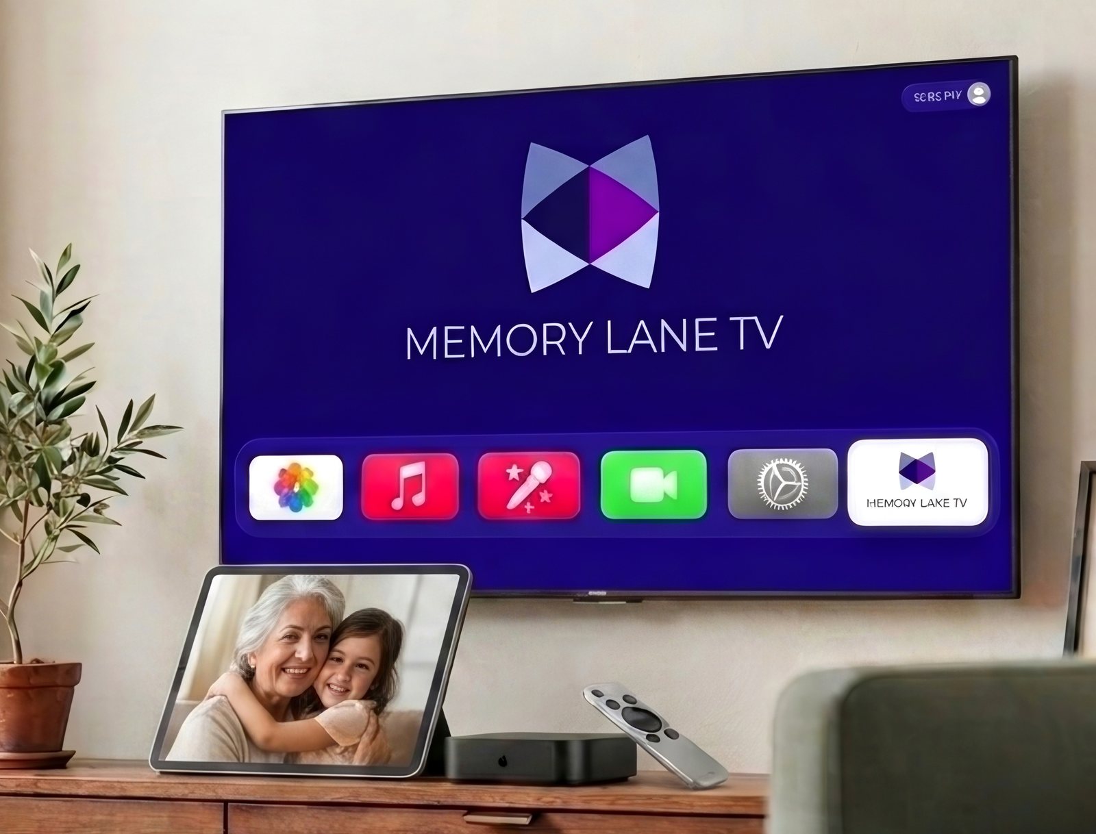 A wall-mounted screen showing the home screen, with a tablet and remote on the console below.